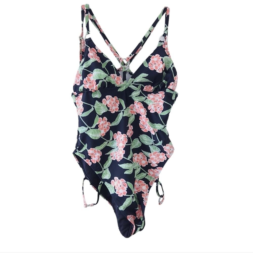 Adore Me Floral One Piece Swimsuit Small Pink Black Bathing Suit Strappy Back